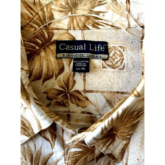 Mens Hawaiian XL SHIRT BROWN Tiki Floral Palm pocket Casual Life 100% Cotton - Picture 2 of 9